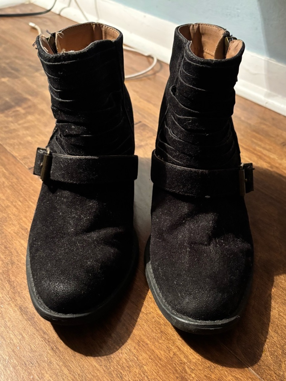 Women's Black Suede Ankle Boots with Buckle Strap